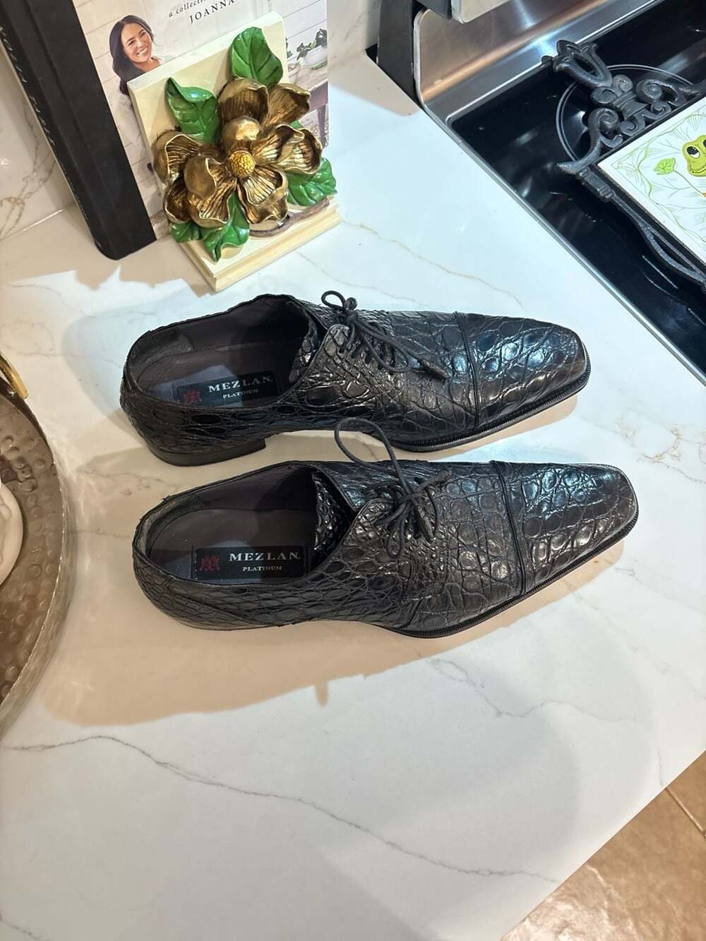 Mezlan Platinum Genuine Crocodile Black Cap-Toe Derby Shoes Size 11M